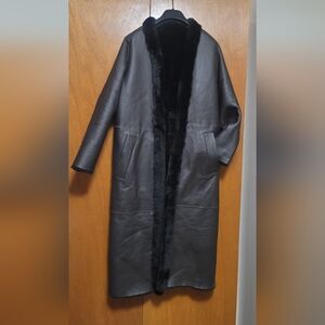 Reiss Women's Brown Leather Coat with Fur Trim Size XS